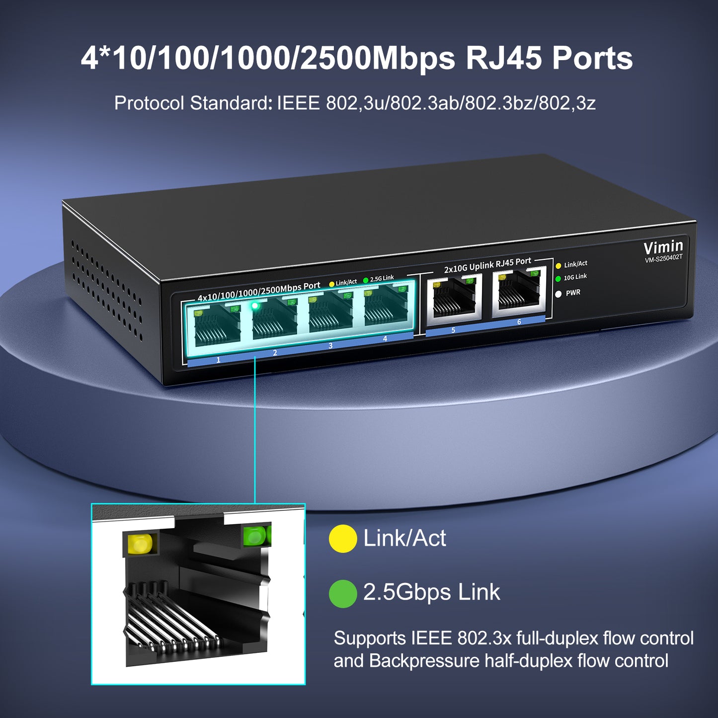 6-Port 10G/2.5G Ethernet Switch with Dual 10GBASE-T, Vimin 4X 2.5G +2 x 10Gb RJ45 Ports Unmanaged Switch, 60Gbps Capacity, Multi-Gigabit Desktop/Wall Mount Network Switch for NAS, PC, Wireless AP
