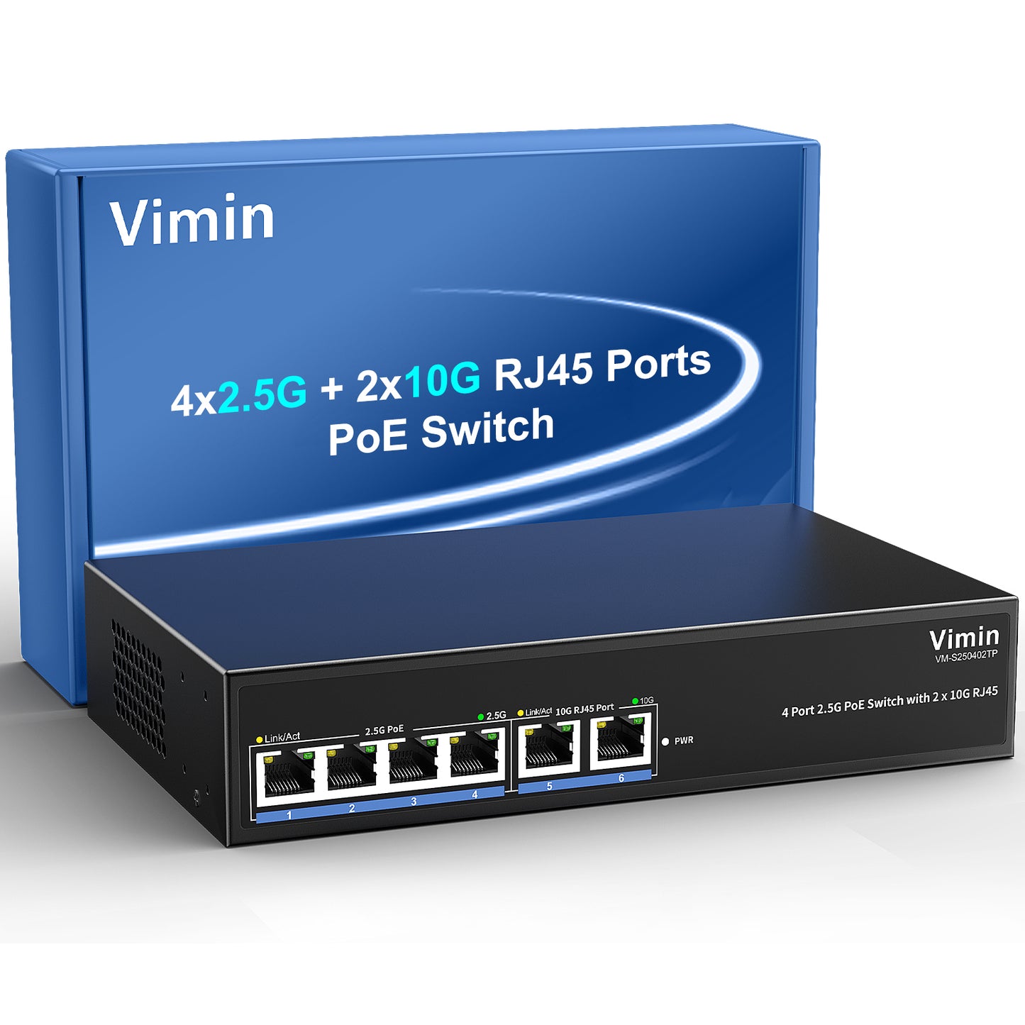 6-Port 2.5G PoE Switch with Dual 10GBASE-T, Vimin 4X 2.5G +2 x 10Gb RJ45 Ports Unmanaged PoE Switch, 60Gbps Capacity, 65W, 10G Switch Desktop Network PoE Switch for NAS, PC, Wireless AP