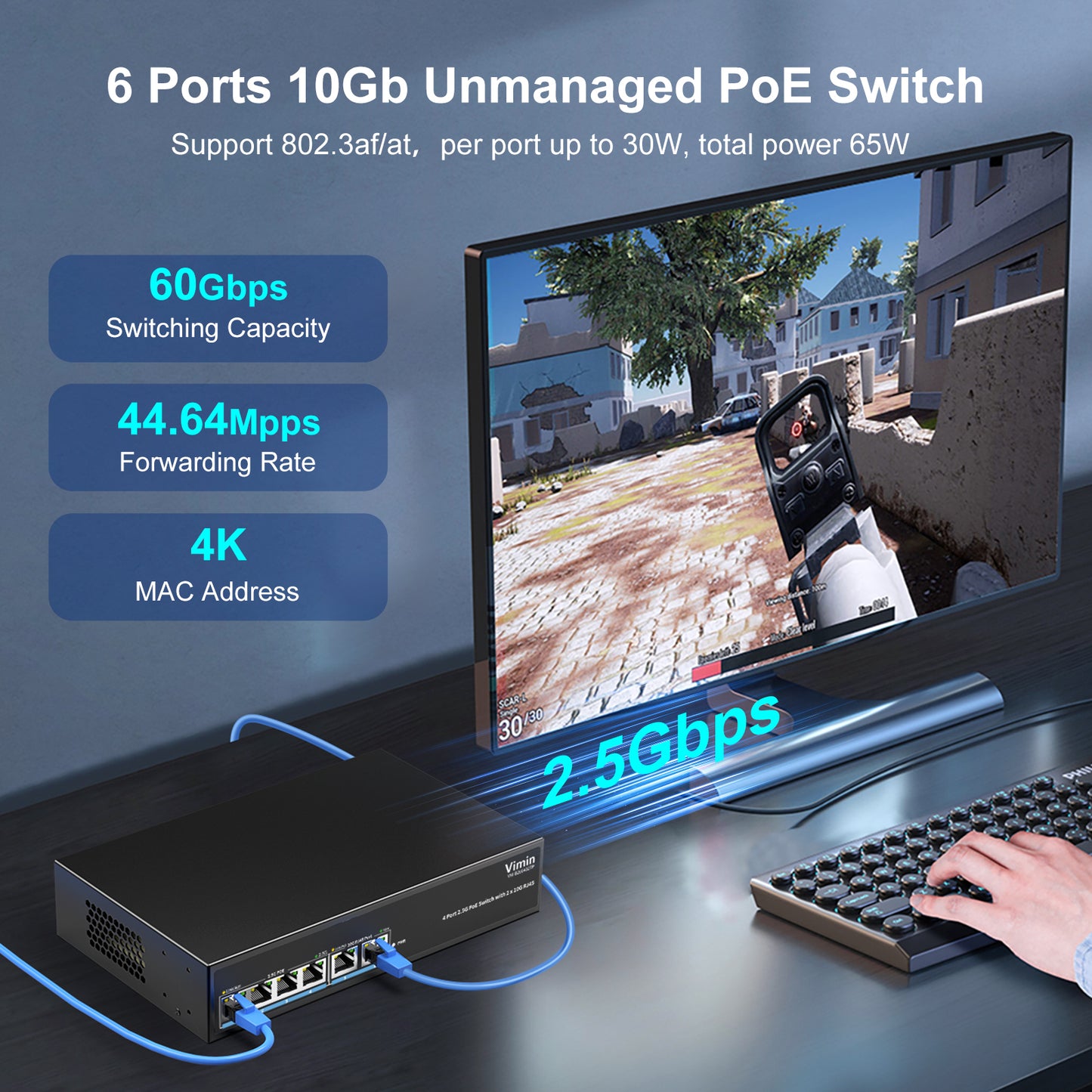 6-Port 2.5G PoE Switch with Dual 10GBASE-T, Vimin 4X 2.5G +2 x 10Gb RJ45 Ports Unmanaged PoE Switch, 60Gbps Capacity, 65W, 10G Switch Desktop Network PoE Switch for NAS, PC, Wireless AP