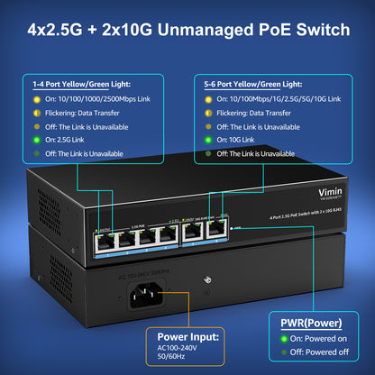 6-Port 2.5G PoE Switch with Dual 10GBASE-T, Vimin 4X 2.5G +2 x 10Gb RJ45 Ports Unmanaged PoE Switch, 60Gbps Capacity, 65W, 10G Switch Desktop Network PoE Switch for NAS, PC, Wireless AP