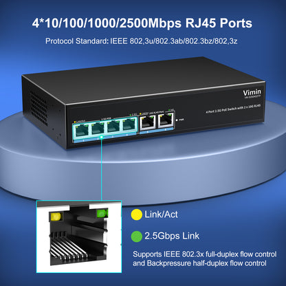 6-Port 2.5G PoE Switch with Dual 10GBASE-T, Vimin 4X 2.5G +2 x 10Gb RJ45 Ports Unmanaged PoE Switch, 60Gbps Capacity, 65W, 10G Switch Desktop Network PoE Switch for NAS, PC, Wireless AP