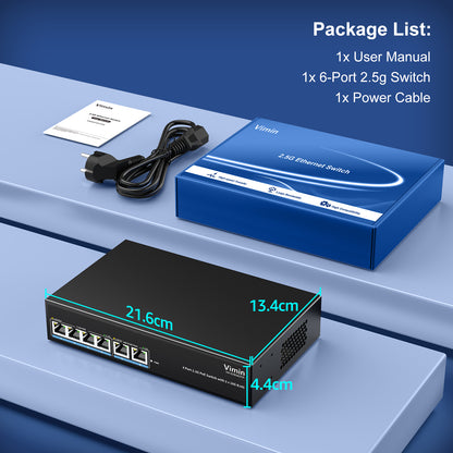 6-Port 2.5G PoE Switch with Dual 10GBASE-T, Vimin 4X 2.5G +2 x 10Gb RJ45 Ports Unmanaged PoE Switch, 60Gbps Capacity, 65W, 10G Switch Desktop Network PoE Switch for NAS, PC, Wireless AP