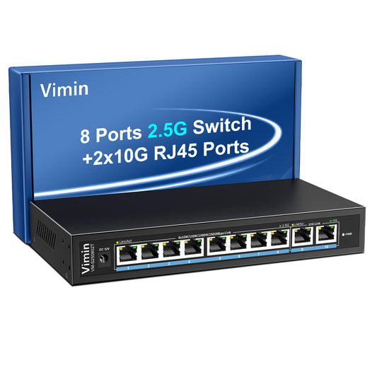 10-Port 10G/2.5G Ethernet Switch with Dual 10GBASE-T, Vimin 8X 2.5G +2 x 10Gb RJ45 Ports Unmanaged Switch, 80Gbps Capacity, 10G Switch Desktop/Wall Mount Network Switch for NAS, PC, Wireless AP
