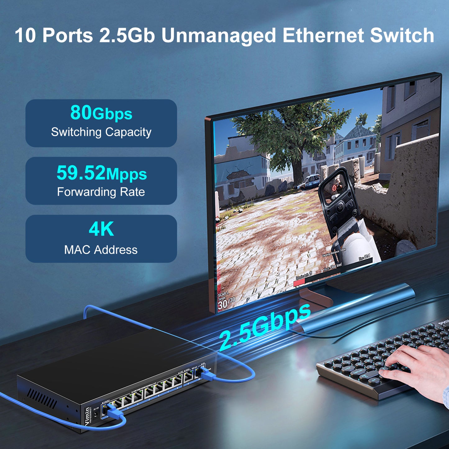 10-Port 10G/2.5G Ethernet Switch with Dual 10GBASE-T, Vimin 8X 2.5G +2 x 10Gb RJ45 Ports Unmanaged Switch, 80Gbps Capacity, 10G Switch Desktop/Wall Mount Network Switch for NAS, PC, Wireless AP