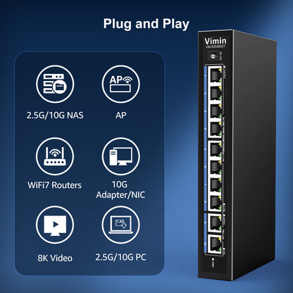 10-Port 10G/2.5G Ethernet Switch with Dual 10GBASE-T, Vimin 8X 2.5G +2 x 10Gb RJ45 Ports Unmanaged Switch, 80Gbps Capacity, 10G Switch Desktop/Wall Mount Network Switch for NAS, PC, Wireless AP