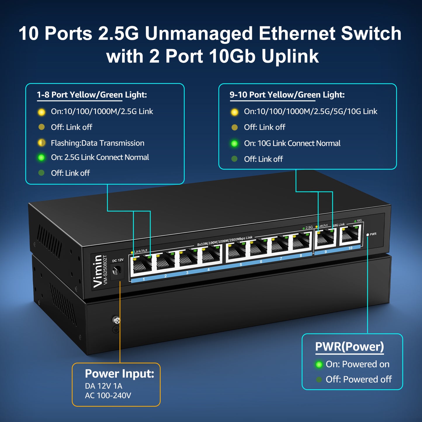 10-Port 10G/2.5G Ethernet Switch with Dual 10GBASE-T, Vimin 8X 2.5G +2 x 10Gb RJ45 Ports Unmanaged Switch, 80Gbps Capacity, 10G Switch Desktop/Wall Mount Network Switch for NAS, PC, Wireless AP
