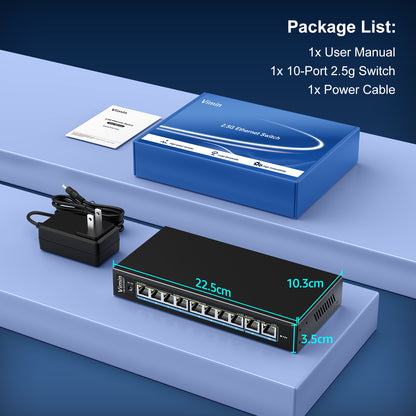 10-Port 10G/2.5G Ethernet Switch with Dual 10GBASE-T, Vimin 8X 2.5G +2 x 10Gb RJ45 Ports Unmanaged Switch, 80Gbps Capacity, 10G Switch Desktop/Wall Mount Network Switch for NAS, PC, Wireless AP