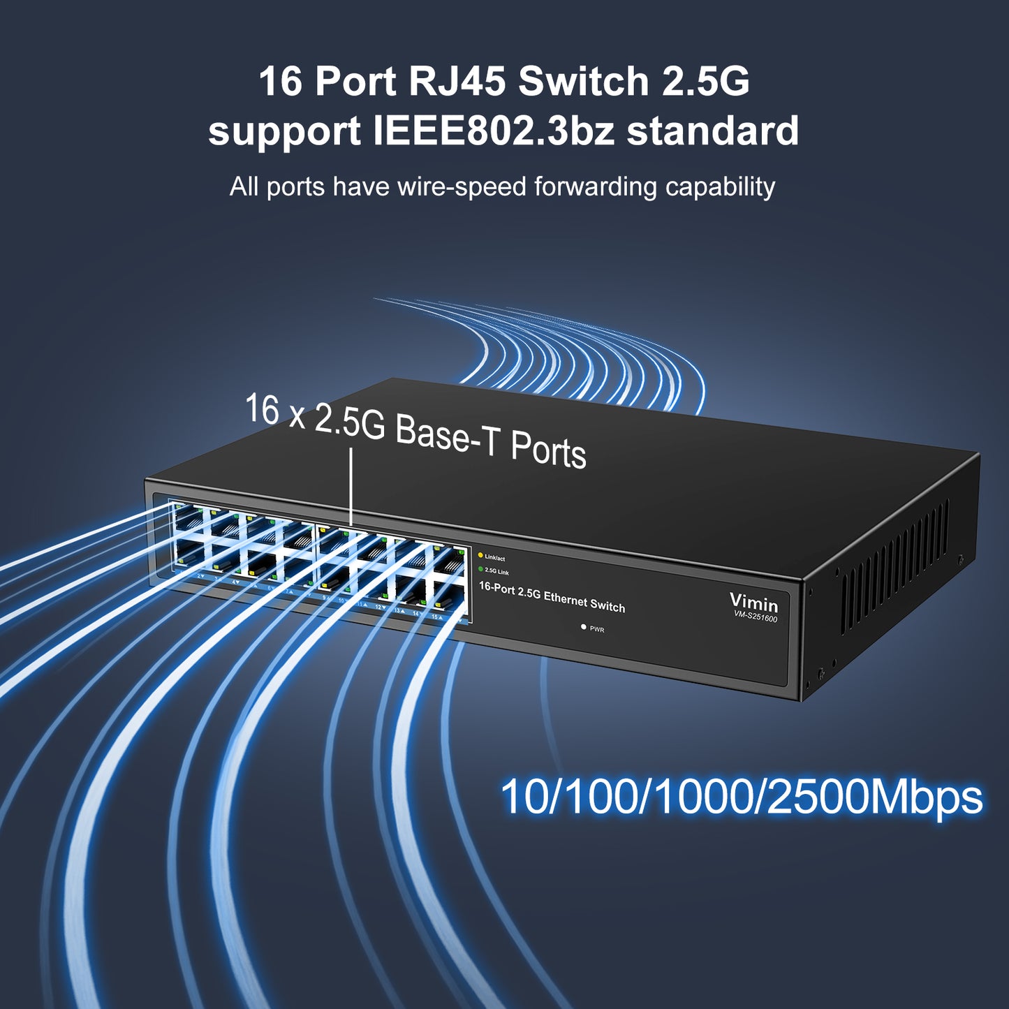 2.5G Switch Unmanaged, Vimin 16 Port 2.5GB Base-T Ethernet Switch, 2.5Gb Network Switch Plug & Play, Compatible with 10/100/1000/2500Mbps, Metal Housing, Fanless, for 2.5Gbps NAS, Wireless AP & PC