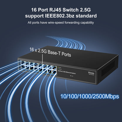 2.5G Switch Unmanaged, Vimin 16 Port 2.5GB Base-T Ethernet Switch, 2.5Gb Network Switch Plug & Play, Compatible with 10/100/1000/2500Mbps, Metal Housing, Fanless, for 2.5Gbps NAS, Wireless AP & PC