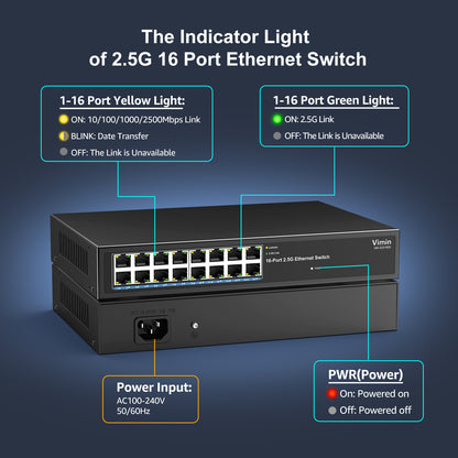 2.5G Switch Unmanaged, Vimin 16 Port 2.5GB Base-T Ethernet Switch, 2.5Gb Network Switch Plug & Play, Compatible with 10/100/1000/2500Mbps, Metal Housing, Fanless, for 2.5Gbps NAS, Wireless AP & PC