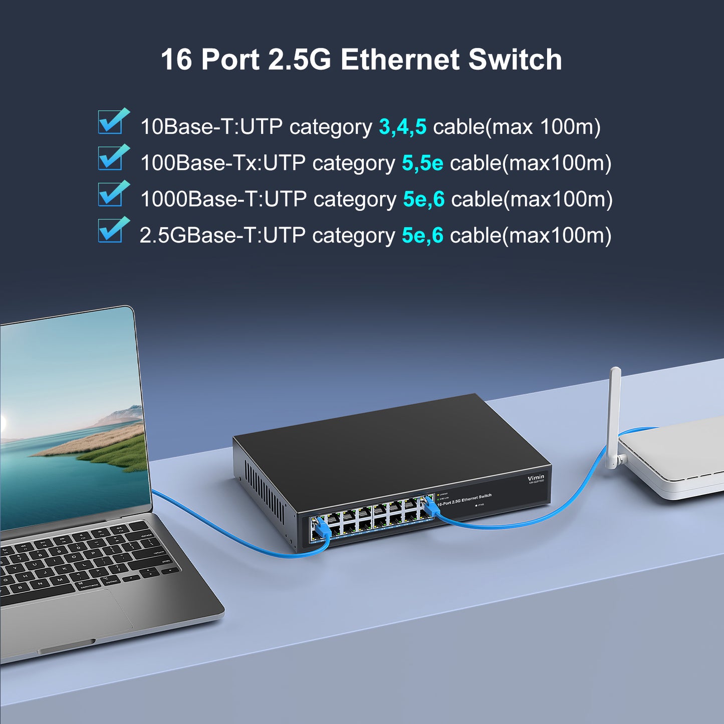 2.5G Switch Unmanaged, Vimin 16 Port 2.5GB Base-T Ethernet Switch, 2.5Gb Network Switch Plug & Play, Compatible with 10/100/1000/2500Mbps, Metal Housing, Fanless, for 2.5Gbps NAS, Wireless AP & PC