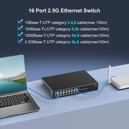 2.5G Switch Unmanaged, Vimin 16 Port 2.5GB Base-T Ethernet Switch, 2.5Gb Network Switch Plug & Play, Compatible with 10/100/1000/2500Mbps, Metal Housing, Fanless, for 2.5Gbps NAS, Wireless AP & PC